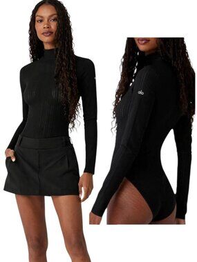 ALO Yoga Euphoria Bodysuit Black Long Sleeve Mock Neck M